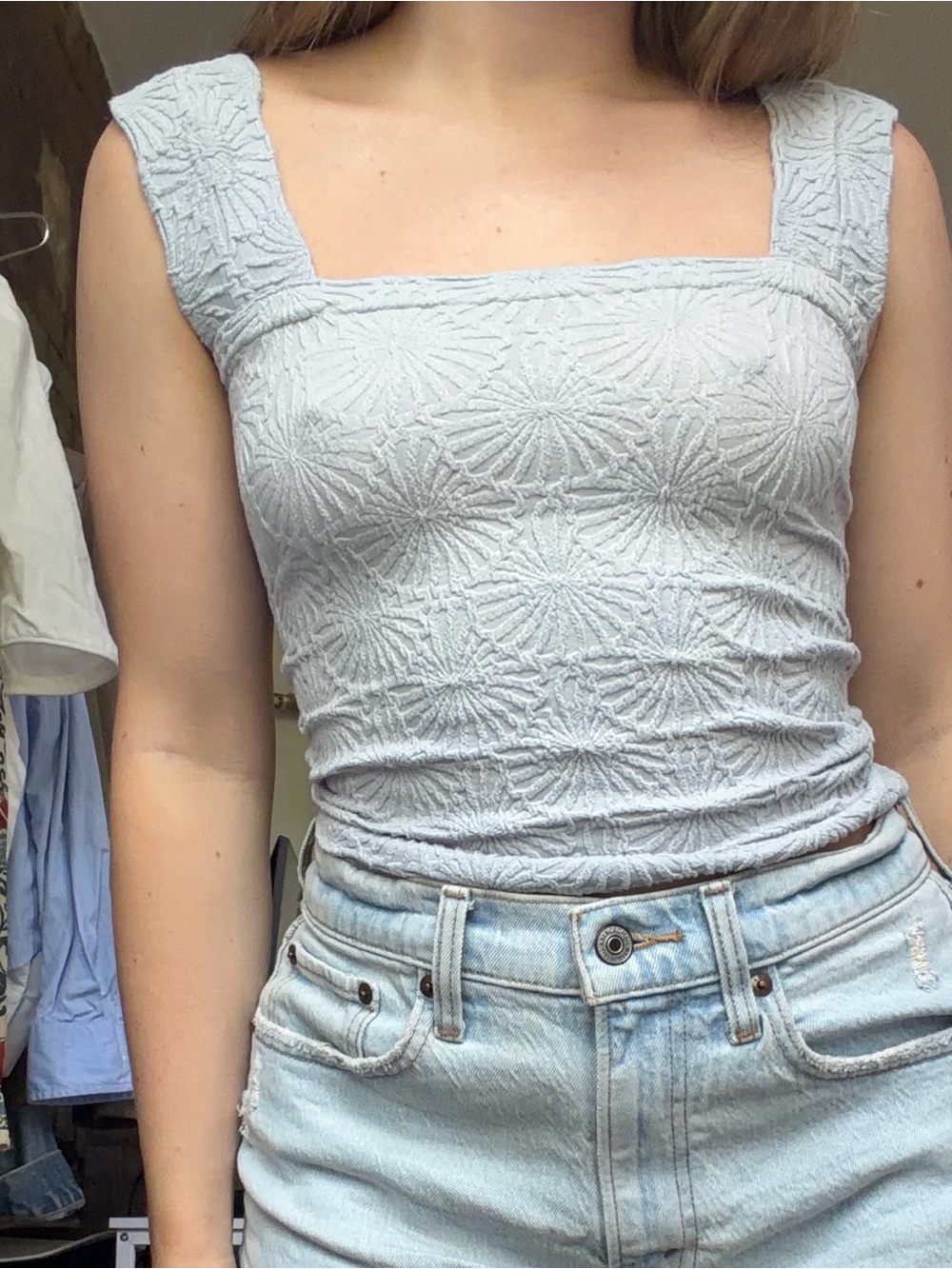 Square Neck Textured Tank Top in Light Blue